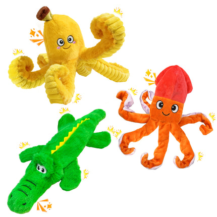 WOWBALA No Stuffing Dog Squeak Toys-3 Pack Plush Crinkle Interactive Puppy Chew Toys, Cute Octopus & Crocodile Toys for Small Medium Dogs,Boredom Relief, Anxiety Reducing