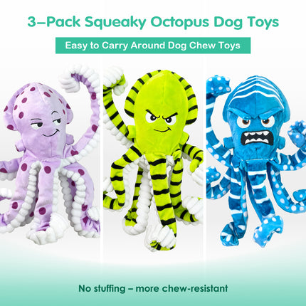 Foolala 3 Pack Tough Plush Dog Toys for Aggressive Chewers, No Stuffing Squeaky & Crinkle Chew Toys for Small Medium Large Dogs