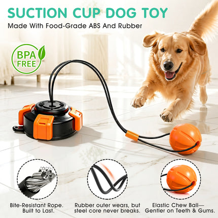 Fuufome Suction Cup Dog Toys for Medium Large Aggressive Chewers | Interactive Tug-of-War Dog Toy with Heavy-Duty Suction Base, Solid Rubber Chew Ball ,Steel Core Anti-Bite Rope
