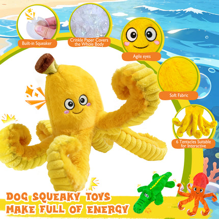 WOWBALA No Stuffing Dog Squeak Toys-3 Pack Plush Crinkle Interactive Puppy Chew Toys, Cute Octopus & Crocodile Toys for Small Medium Dogs,Boredom Relief, Anxiety Reducing
