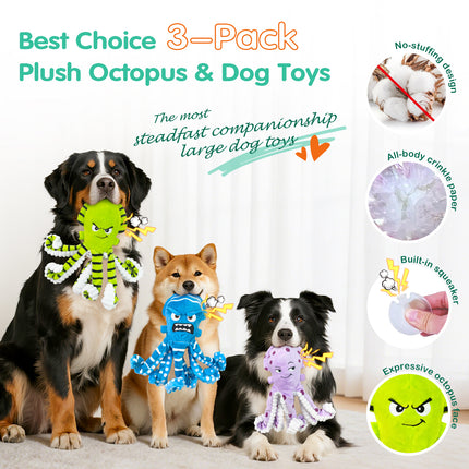 Foolala 3 Pack Tough Plush Dog Toys for Aggressive Chewers, No Stuffing Squeaky & Crinkle Chew Toys for Small Medium Large Dogs
