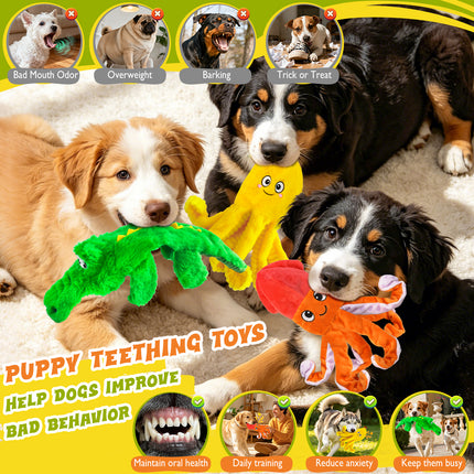 WOWBALA No Stuffing Dog Squeak Toys-3 Pack Plush Crinkle Interactive Puppy Chew Toys, Cute Octopus & Crocodile Toys for Small Medium Dogs,Boredom Relief, Anxiety Reducing