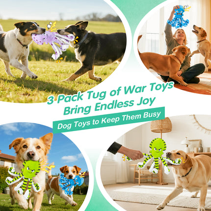 Foolala 3 Pack Tough Plush Dog Toys for Aggressive Chewers, No Stuffing Squeaky & Crinkle Chew Toys for Small Medium Large Dogs