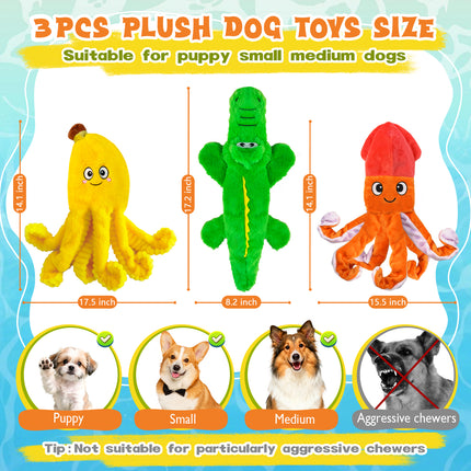 WOWBALA No Stuffing Dog Squeak Toys-3 Pack Plush Crinkle Interactive Puppy Chew Toys, Cute Octopus & Crocodile Toys for Small Medium Dogs,Boredom Relief, Anxiety Reducing