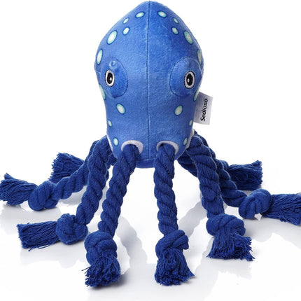 Foolala Blue Cotton Rope Octopus Squeak Plush Dog Toy For Aggressive Chewers