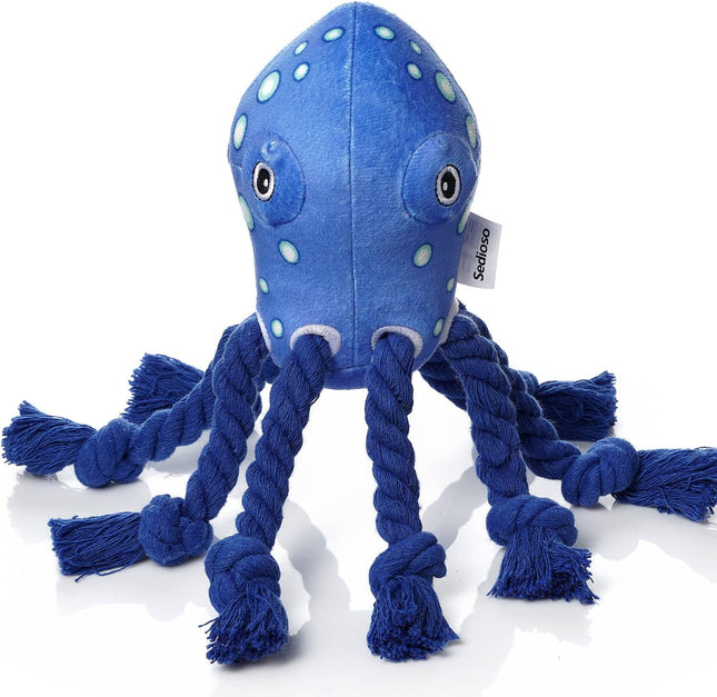 Foolala Blue Cotton Rope Octopus Squeak Plush Dog Toy For Aggressive Chewers
