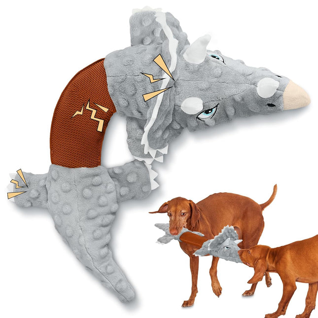 Foolala Rubber Triceratops Squeak Plush Dog Toy For Aggressive Chewers