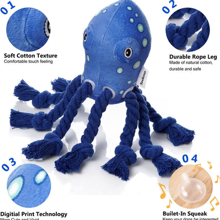 Foolala Blue Cotton Rope Octopus Squeak Plush Dog Toy For Aggressive Chewers