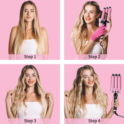 3 Barrel Curling Iron Hair Crimper: Mothers Day Gifts for Women - Dual Voltage Adjustable Temperature Three Barrels Hair Waver - 1 Inch Ceramic Curler Wand (Pink)