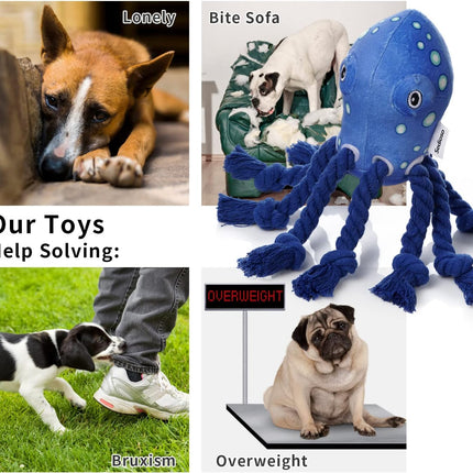 Foolala Blue Cotton Rope Octopus Squeak Plush Dog Toy For Aggressive Chewers