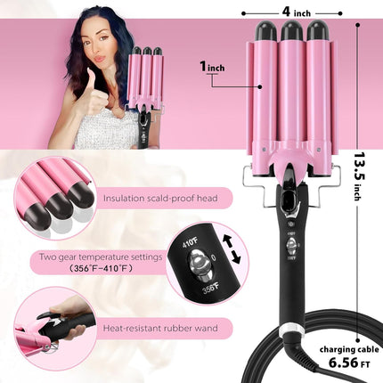 3 Barrel Curling Iron Hair Crimper: Mothers Day Gifts for Women - Dual Voltage Adjustable Temperature Three Barrels Hair Waver - 1 Inch Ceramic Curler Wand (Pink)