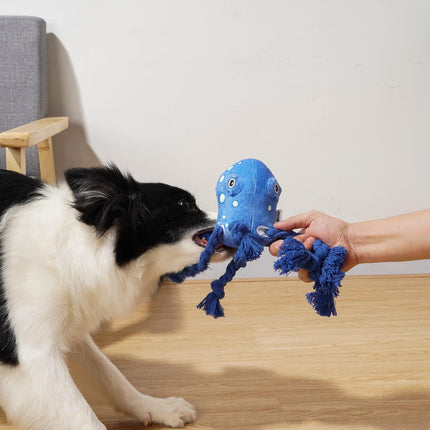 Foolala Blue Cotton Rope Octopus Squeak Plush Dog Toy For Aggressive Chewers