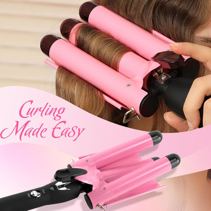 3 Barrel Curling Iron Hair Crimper: Mothers Day Gifts for Women - Dual Voltage Adjustable Temperature Three Barrels Hair Waver - 1 Inch Ceramic Curler Wand (Pink)