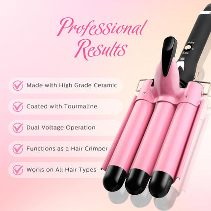 3 Barrel Curling Iron Hair Crimper: Mothers Day Gifts for Women - Dual Voltage Adjustable Temperature Three Barrels Hair Waver - 1 Inch Ceramic Curler Wand (Pink)
